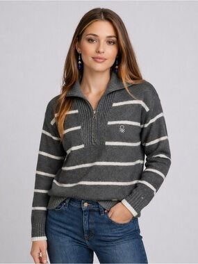 United Colors Of Benetton Grey Striped Quarter Zip Sweater Logo Pullover L